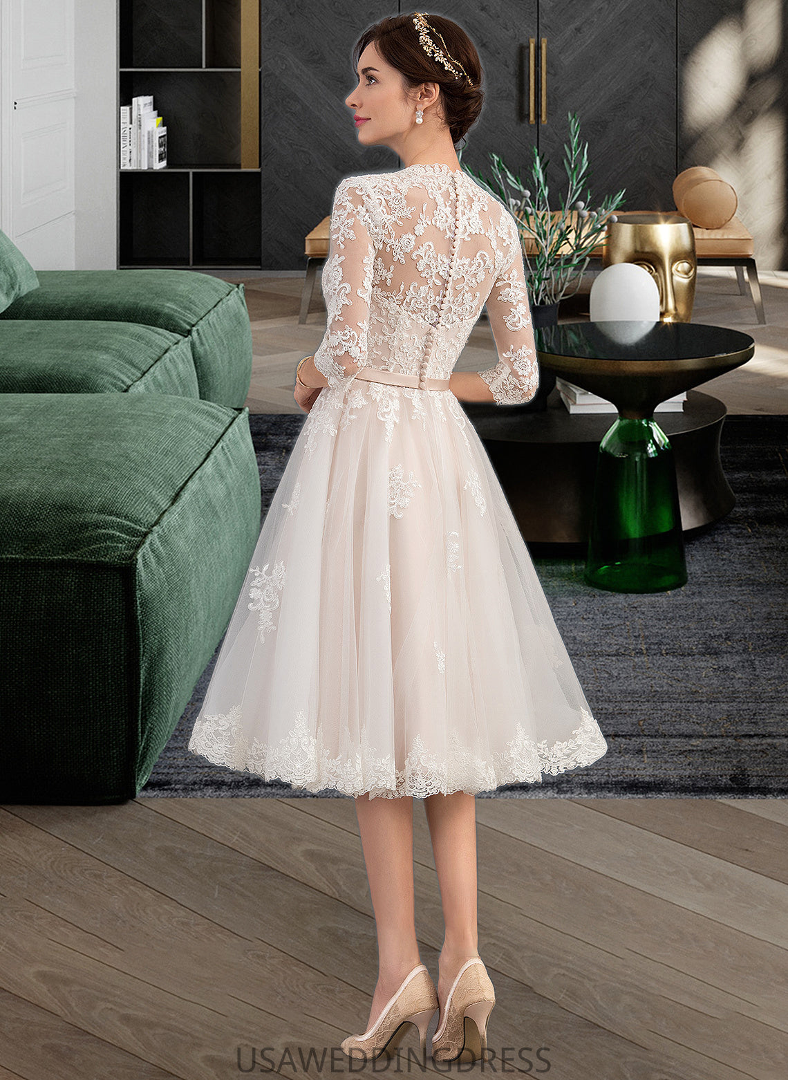 Averie A-Line V-neck Knee-Length Tulle Wedding Dress With Bow(s) DSP0013737