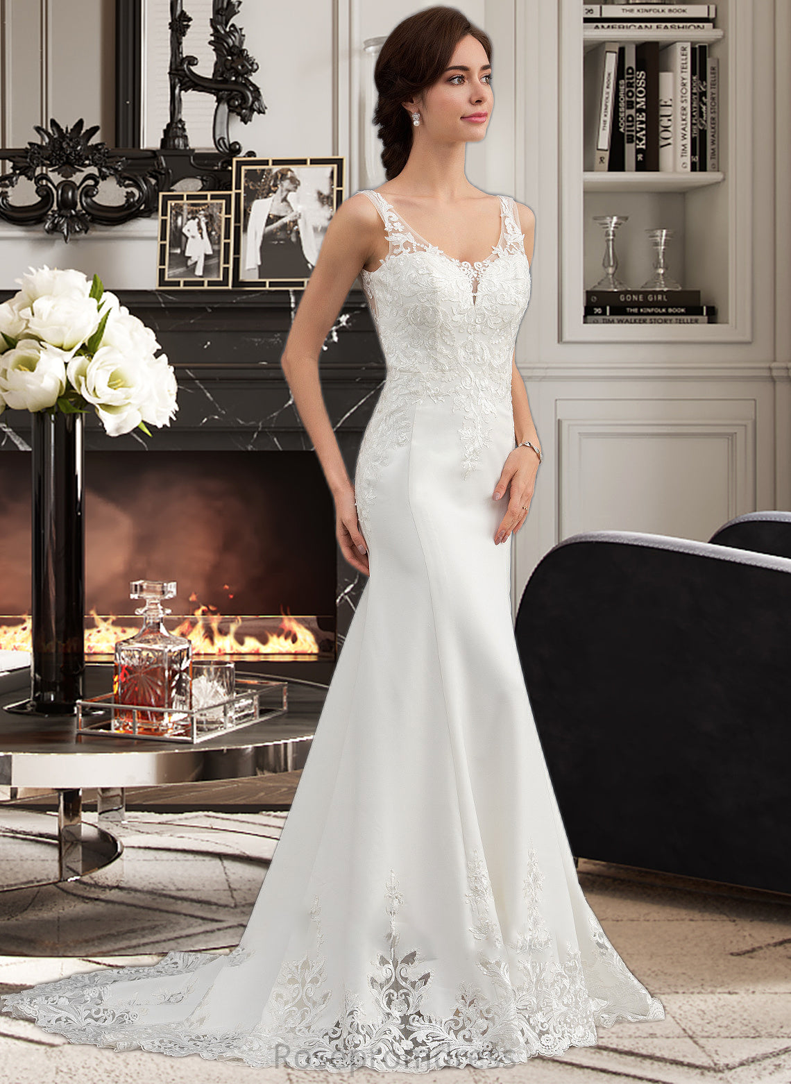 Alisson Trumpet/Mermaid V-neck Court Train Lace Stretch Crepe Wedding Dress With Sequins SRSP0013738