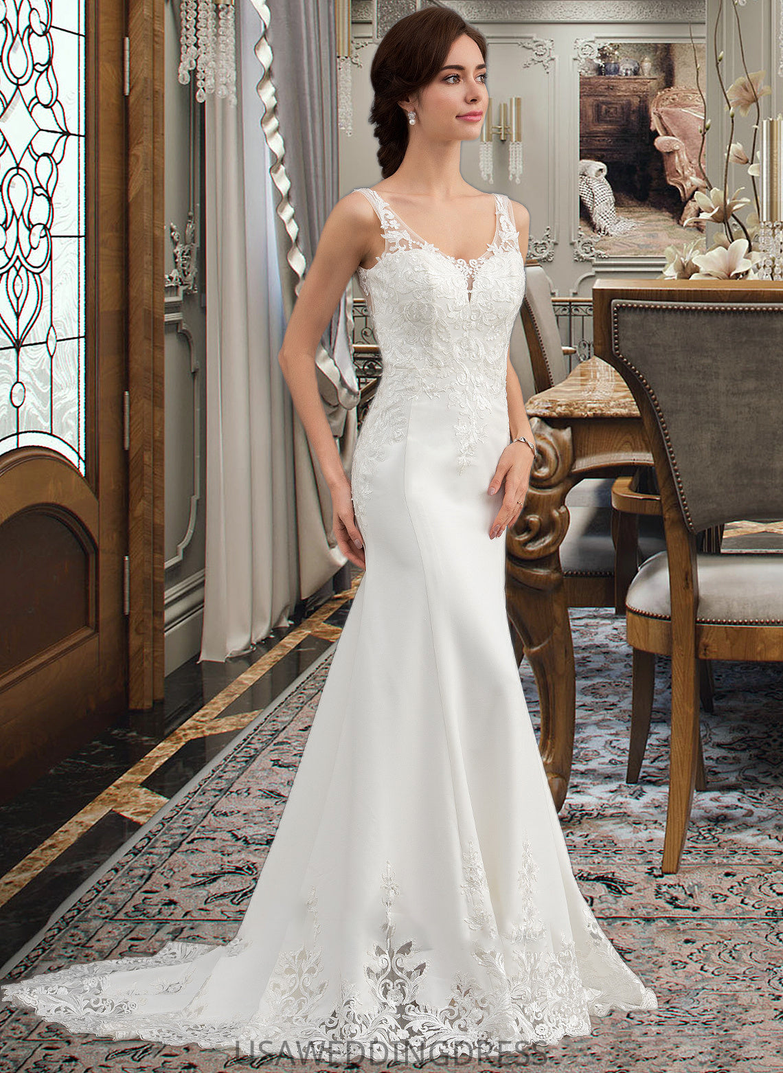 Marlene Trumpet/Mermaid V-neck Court Train Lace Stretch Crepe Wedding Dress With Sequins DSP0013738