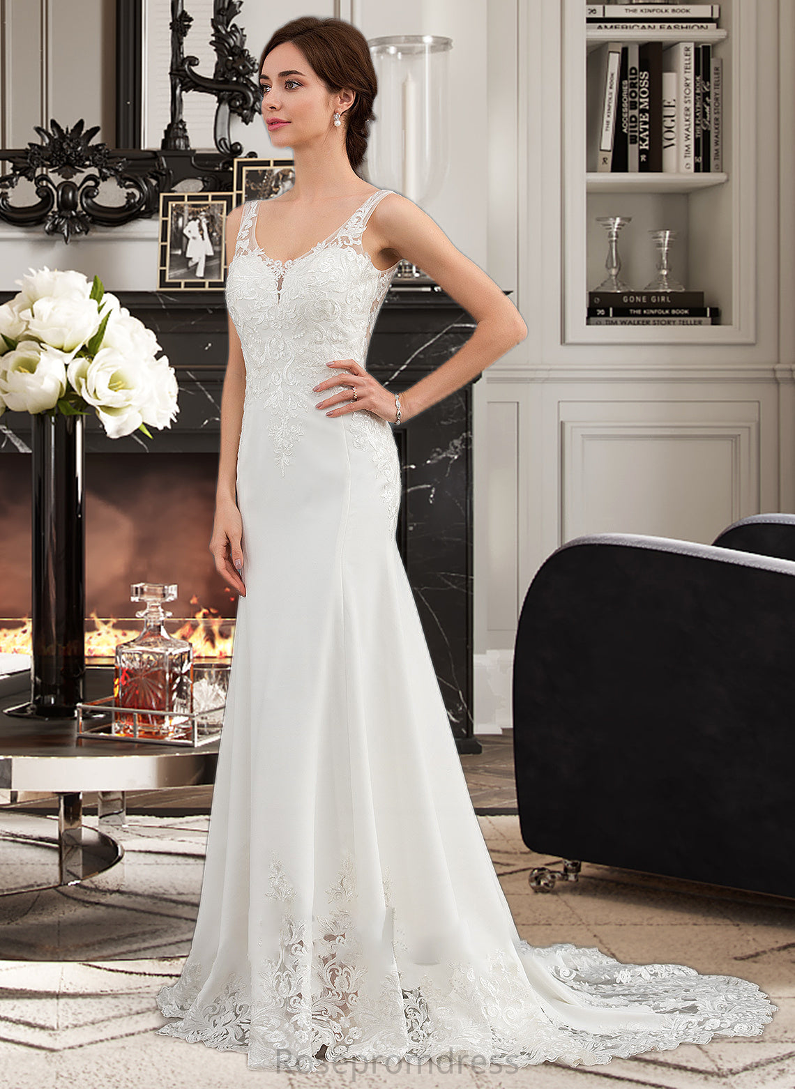 Alisson Trumpet/Mermaid V-neck Court Train Lace Stretch Crepe Wedding Dress With Sequins SRSP0013738