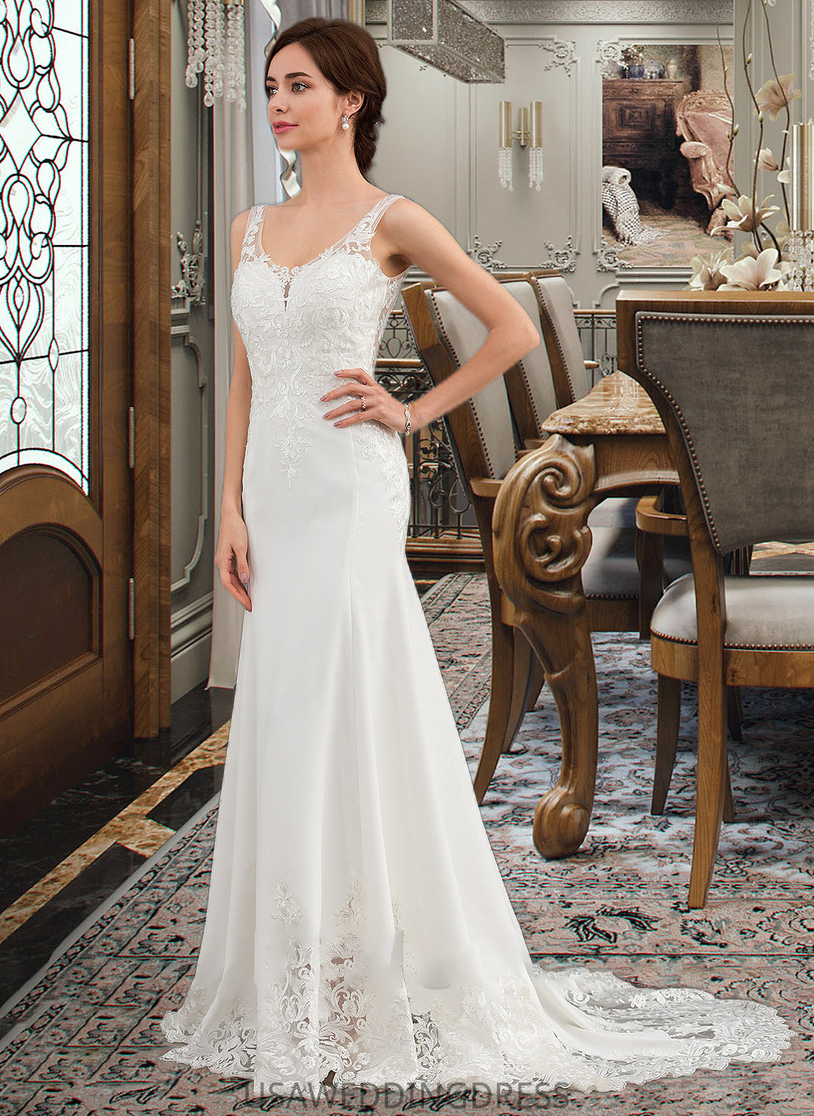 Marlene Trumpet/Mermaid V-neck Court Train Lace Stretch Crepe Wedding Dress With Sequins DSP0013738