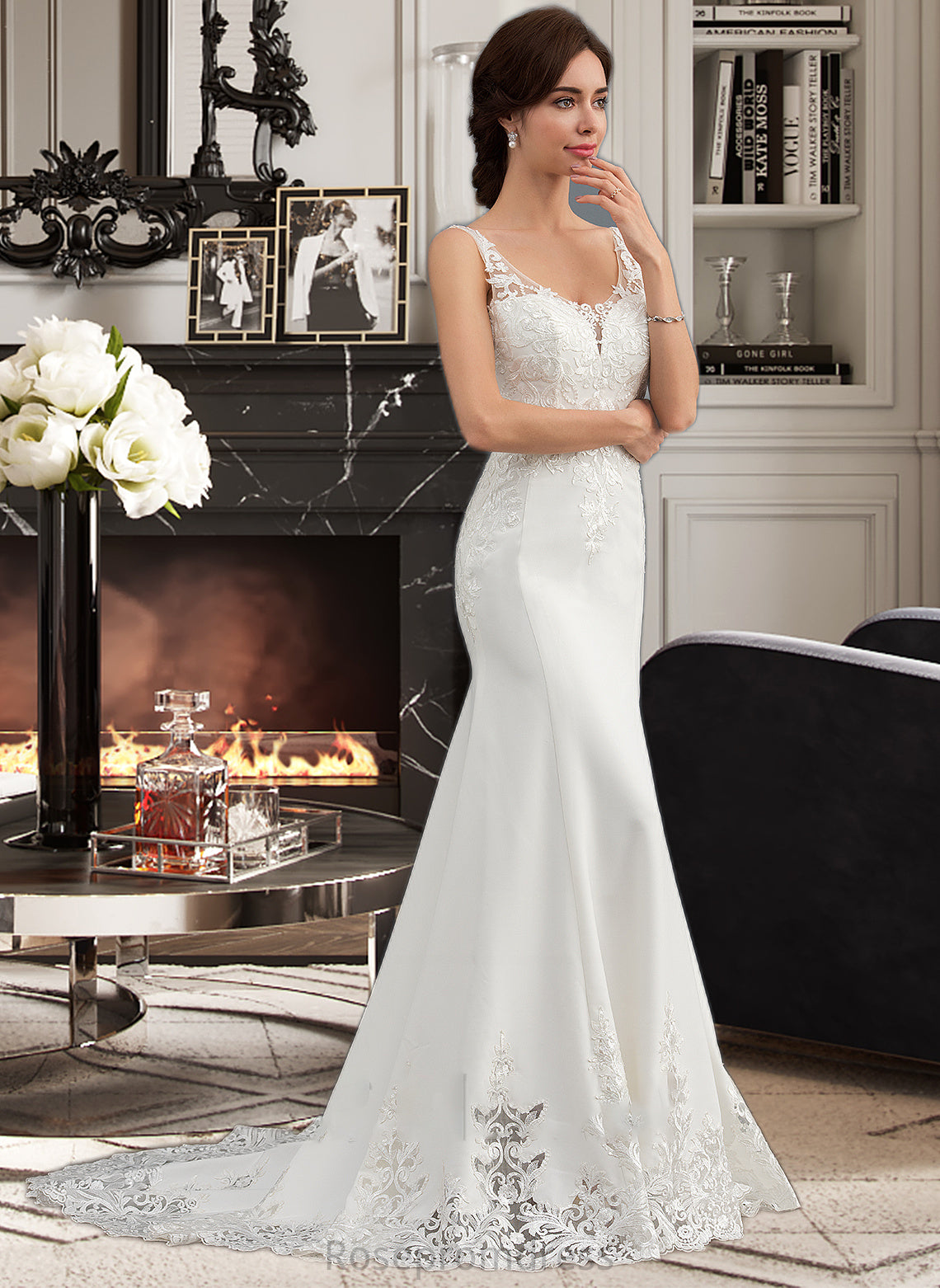 Alisson Trumpet/Mermaid V-neck Court Train Lace Stretch Crepe Wedding Dress With Sequins SRSP0013738