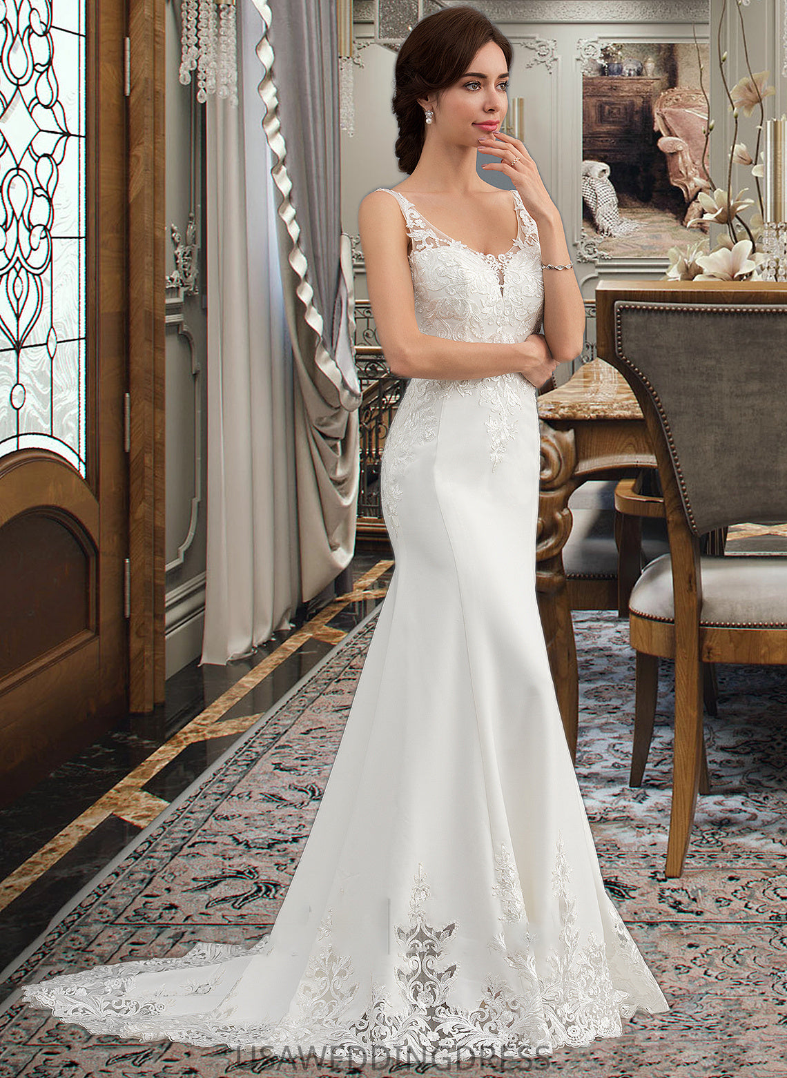 Marlene Trumpet/Mermaid V-neck Court Train Lace Stretch Crepe Wedding Dress With Sequins DSP0013738