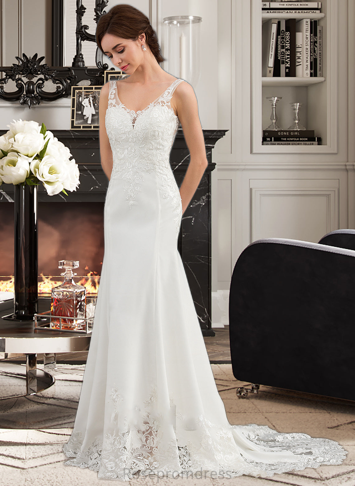 Alisson Trumpet/Mermaid V-neck Court Train Lace Stretch Crepe Wedding Dress With Sequins SRSP0013738