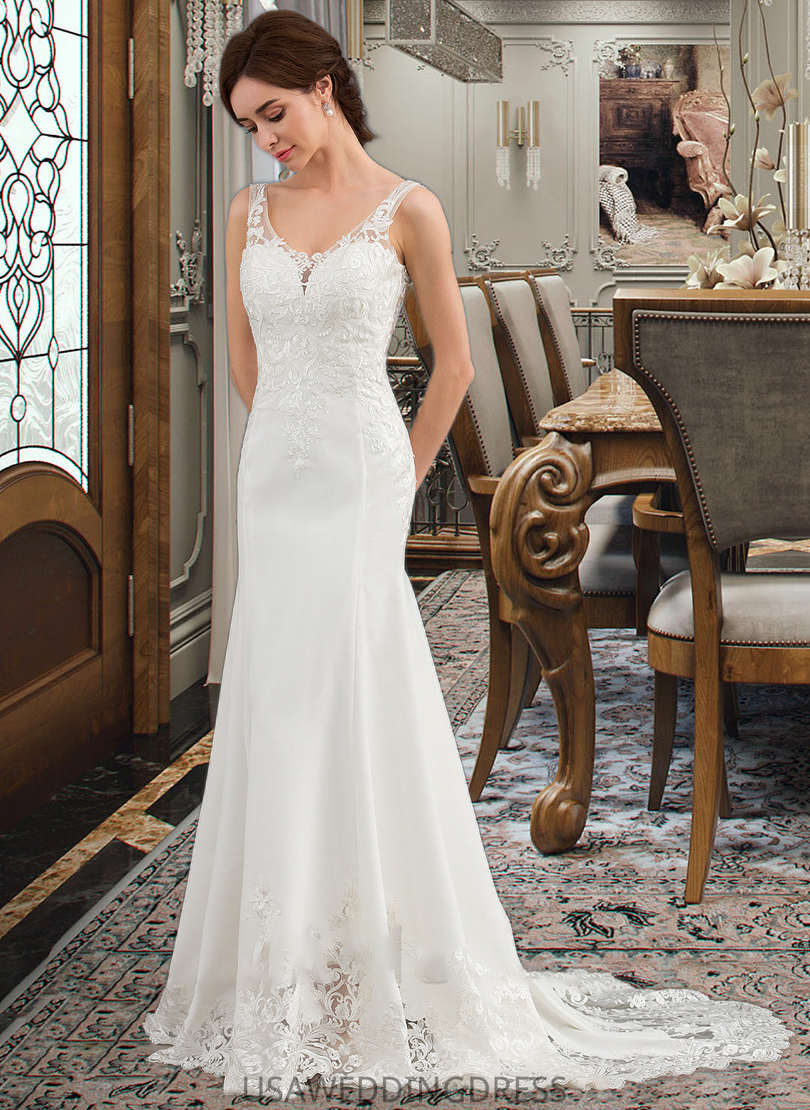 Marlene Trumpet/Mermaid V-neck Court Train Lace Stretch Crepe Wedding Dress With Sequins DSP0013738