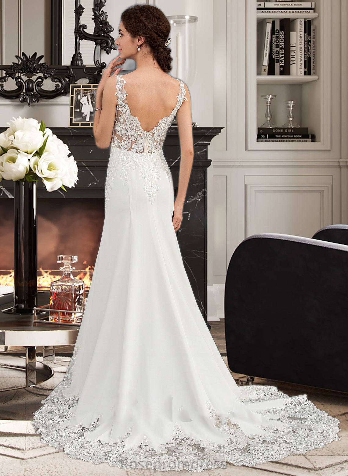 Alisson Trumpet/Mermaid V-neck Court Train Lace Stretch Crepe Wedding Dress With Sequins SRSP0013738