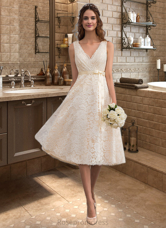 Rosemary A-Line V-neck Knee-Length Lace Wedding Dress With Bow(s) SRSP0013739