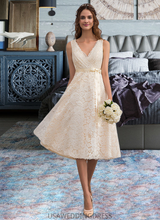 Rosa A-Line V-neck Knee-Length Lace Wedding Dress With Bow(s) DSP0013739