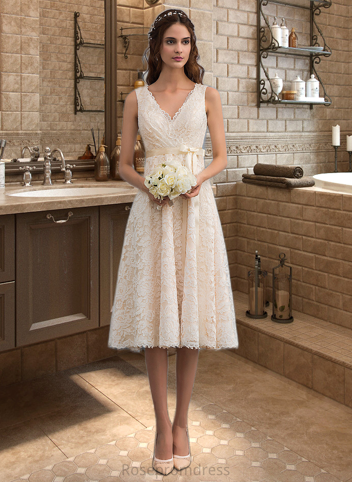 Rosemary A-Line V-neck Knee-Length Lace Wedding Dress With Bow(s) SRSP0013739