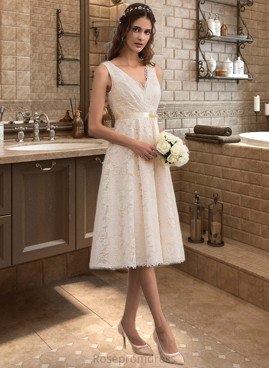 Rosemary A-Line V-neck Knee-Length Lace Wedding Dress With Bow(s) SRSP0013739