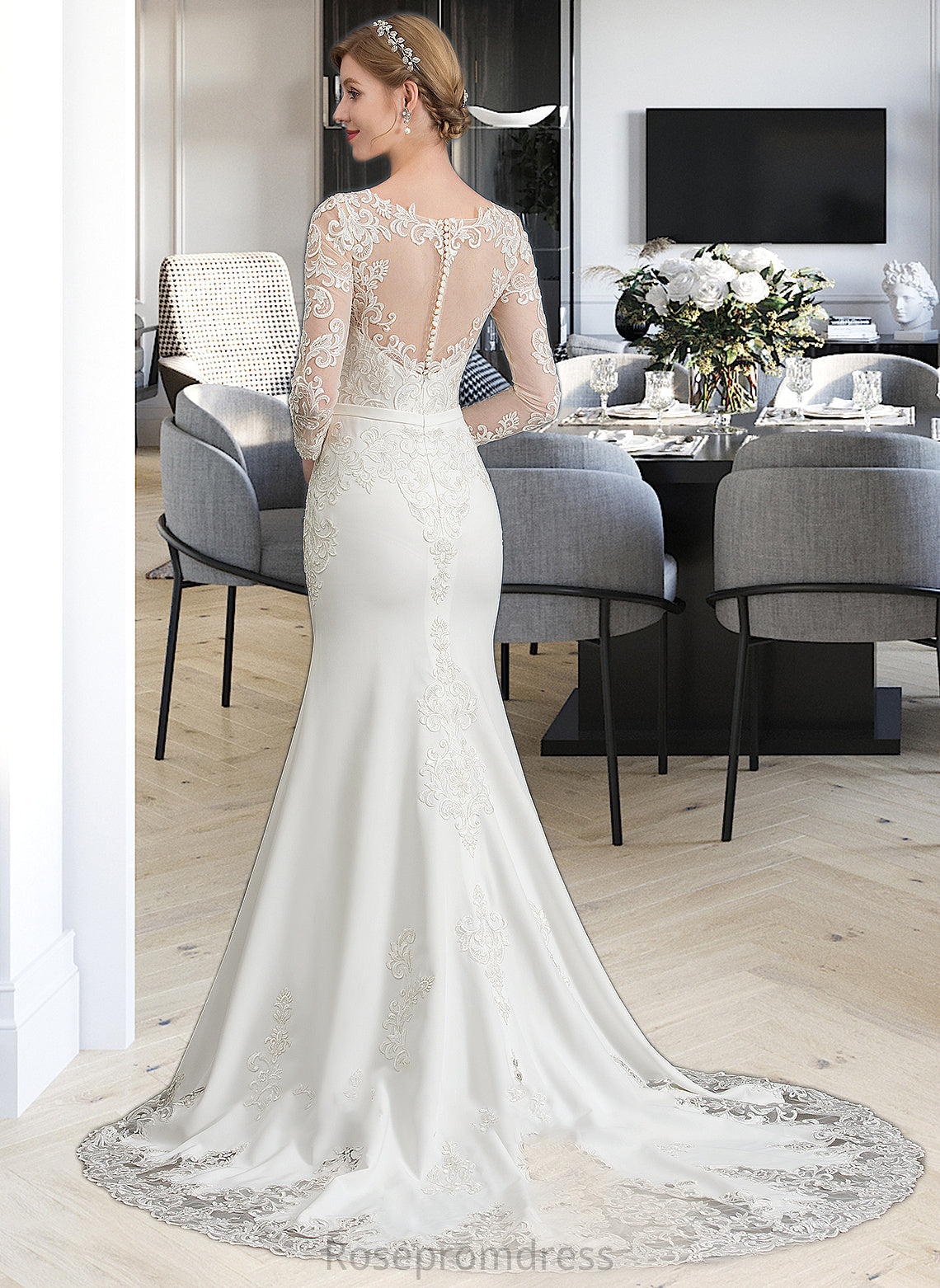 Jimena Trumpet/Mermaid Illusion Chapel Train Stretch Crepe Wedding Dress With Lace SRSP0013740