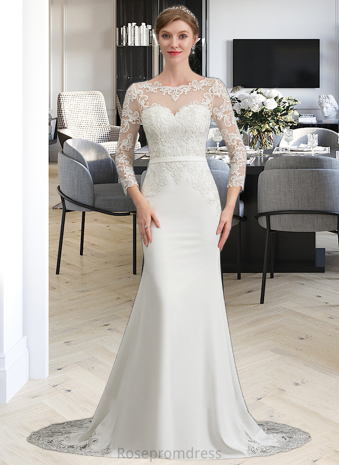 Jimena Trumpet/Mermaid Illusion Chapel Train Stretch Crepe Wedding Dress With Lace SRSP0013740