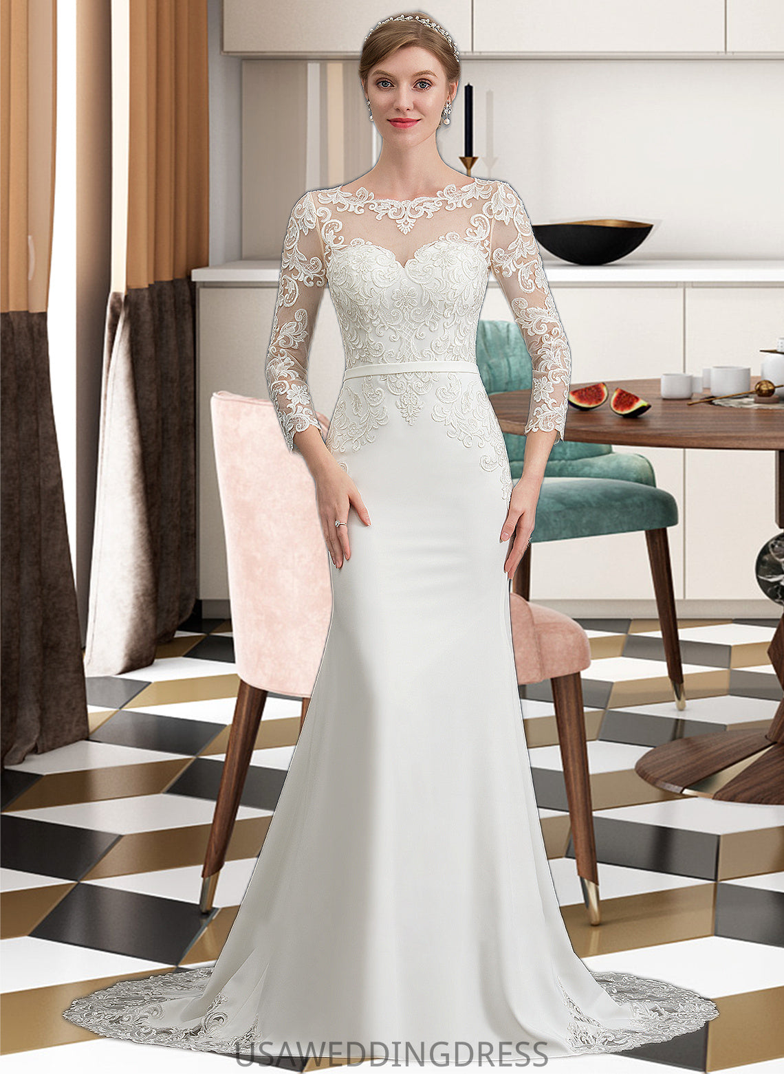 Isabelle Trumpet/Mermaid Illusion Chapel Train Stretch Crepe Wedding Dress With Lace DSP0013740