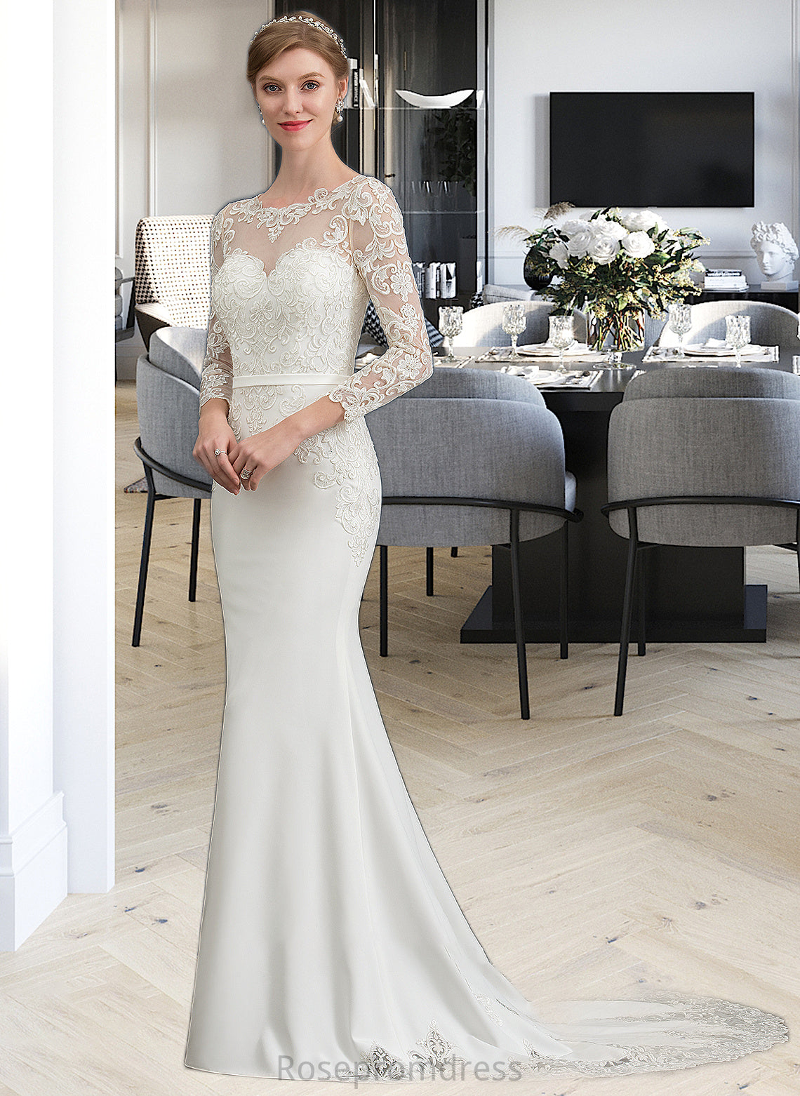 Jimena Trumpet/Mermaid Illusion Chapel Train Stretch Crepe Wedding Dress With Lace SRSP0013740