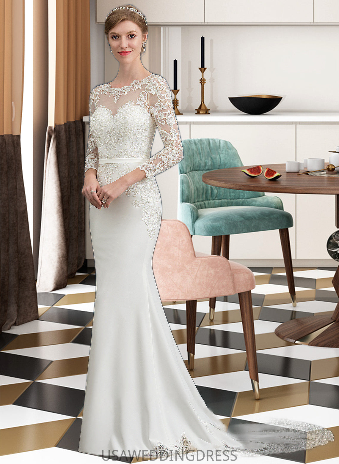 Isabelle Trumpet/Mermaid Illusion Chapel Train Stretch Crepe Wedding Dress With Lace DSP0013740