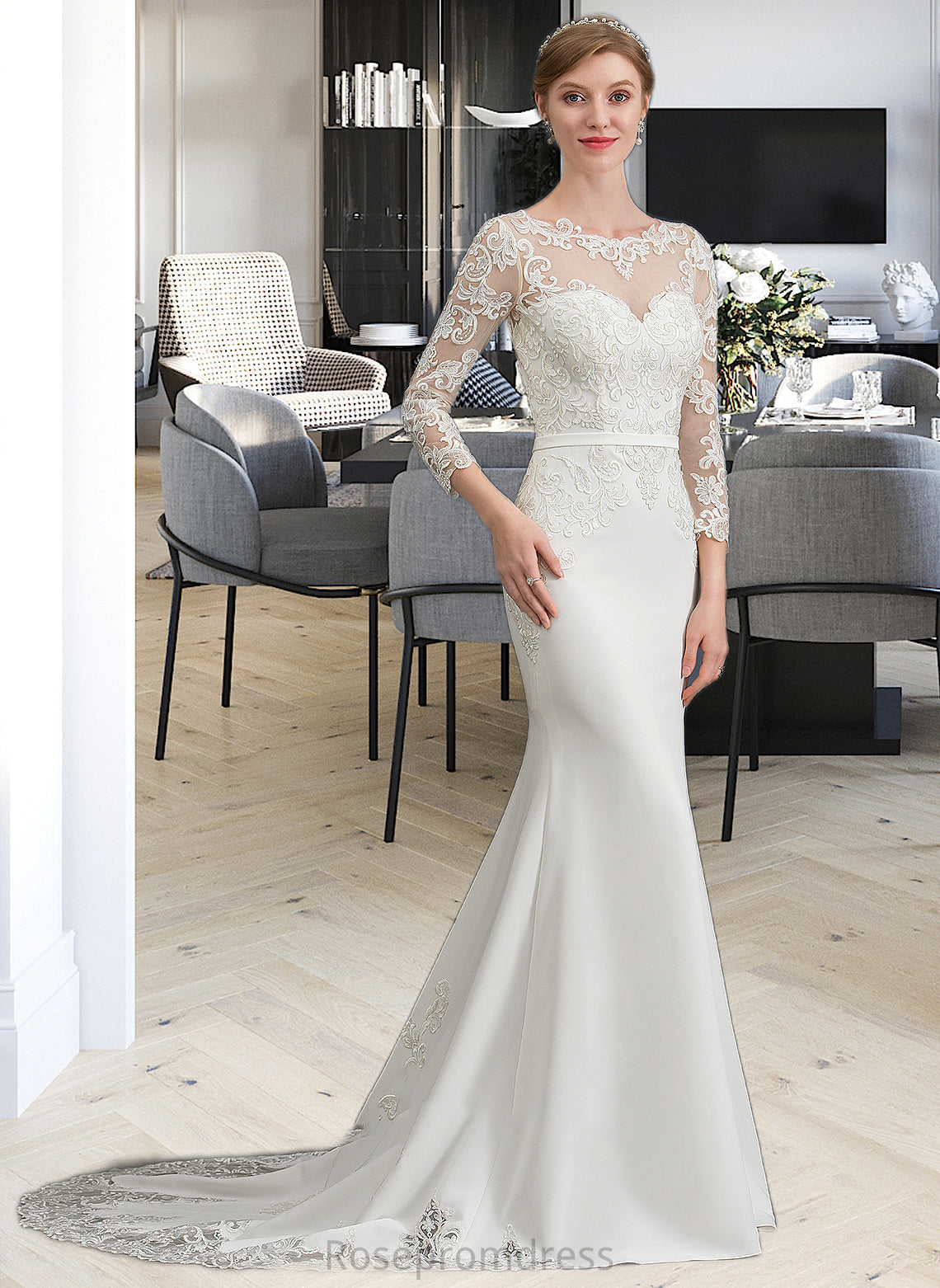 Jimena Trumpet/Mermaid Illusion Chapel Train Stretch Crepe Wedding Dress With Lace SRSP0013740