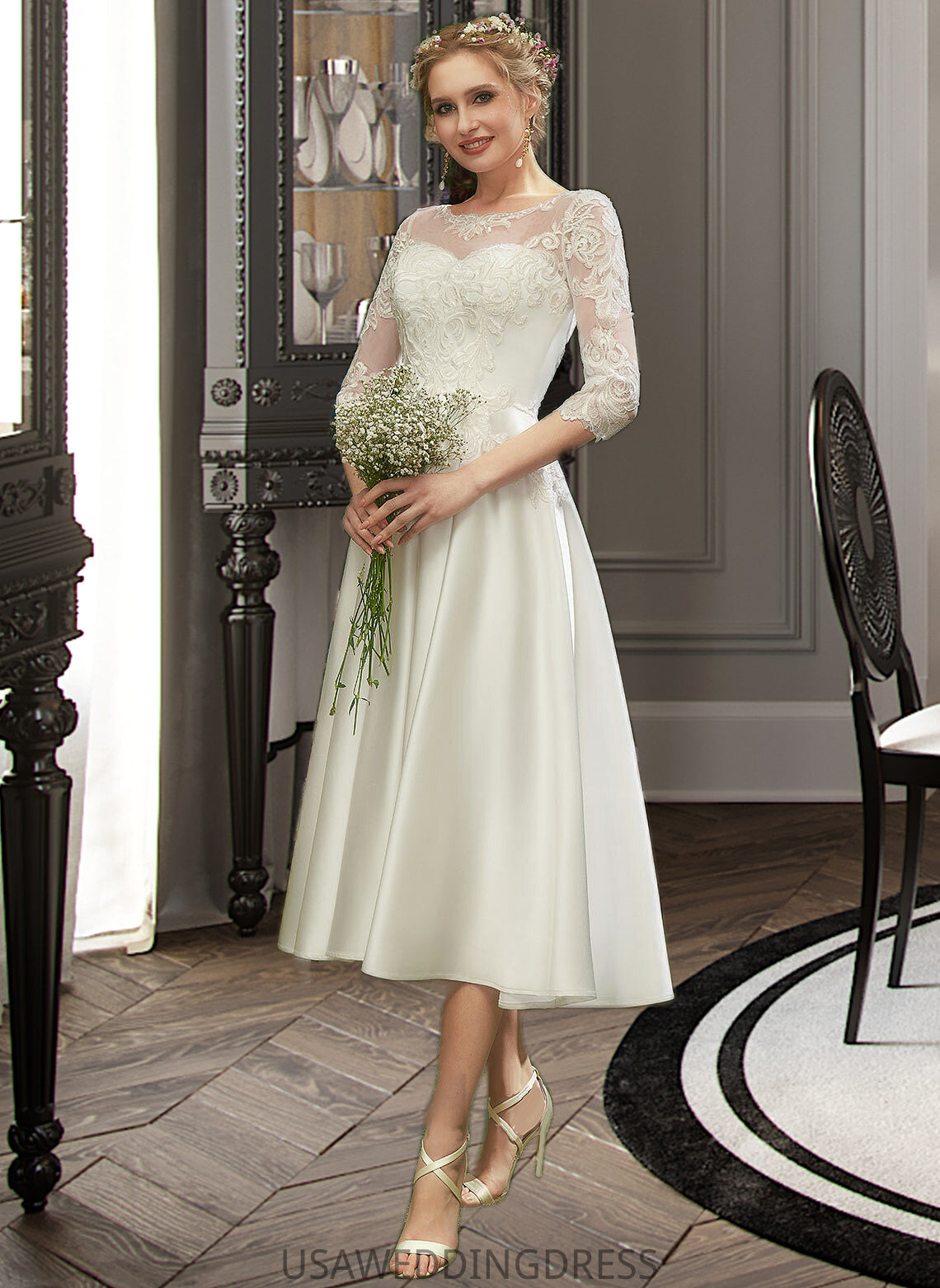 Esther A-Line Illusion Tea-Length Wedding Dress With Lace DSP0013741