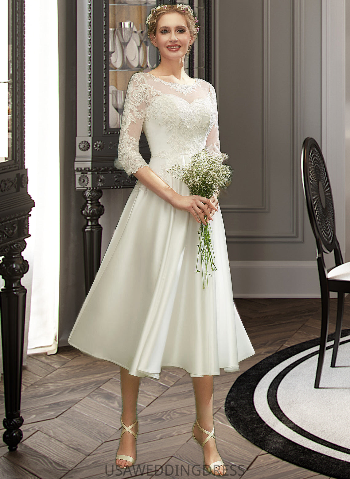 Esther A-Line Illusion Tea-Length Wedding Dress With Lace DSP0013741