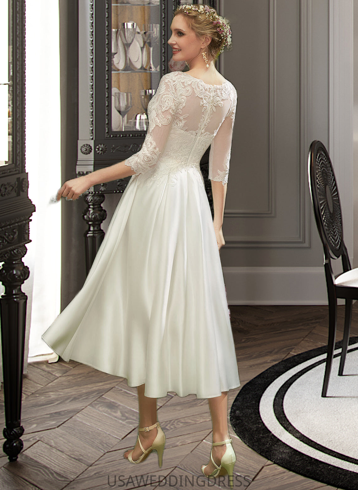 Esther A-Line Illusion Tea-Length Wedding Dress With Lace DSP0013741