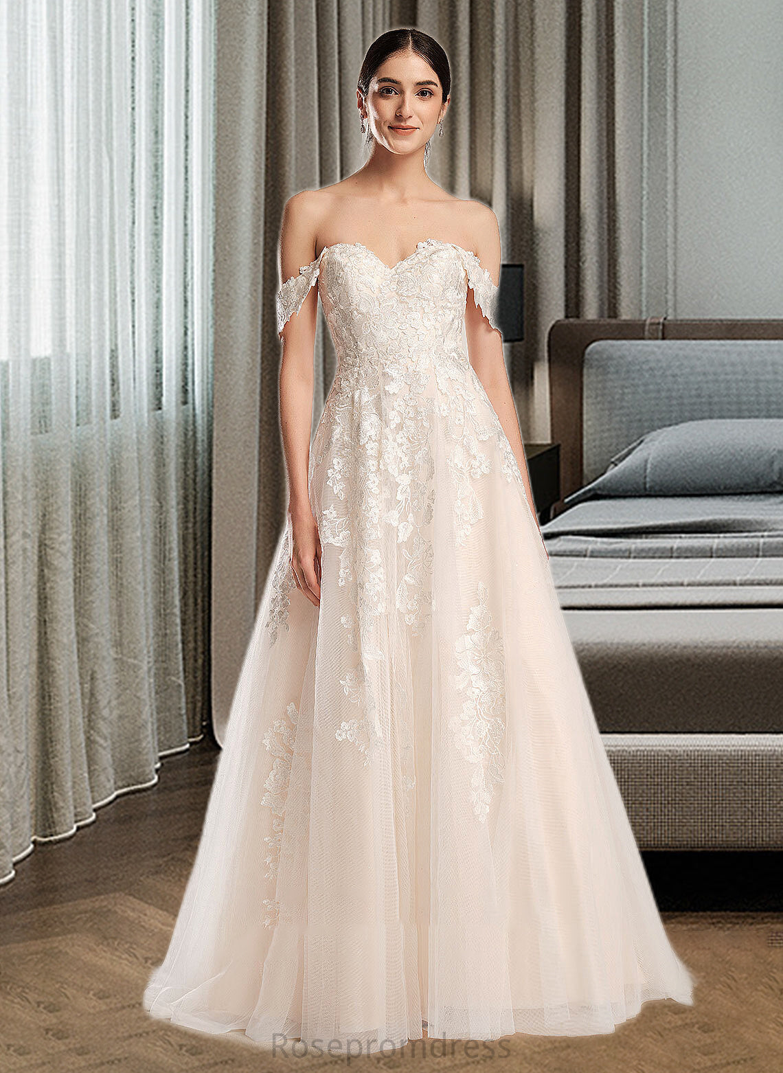 Lorena Ball-Gown/Princess Off-the-Shoulder Chapel Train Wedding Dress SRSP0013742