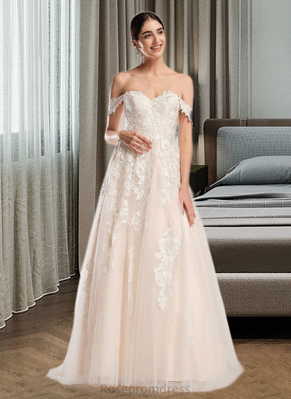 Lorena Ball-Gown/Princess Off-the-Shoulder Chapel Train Wedding Dress SRSP0013742