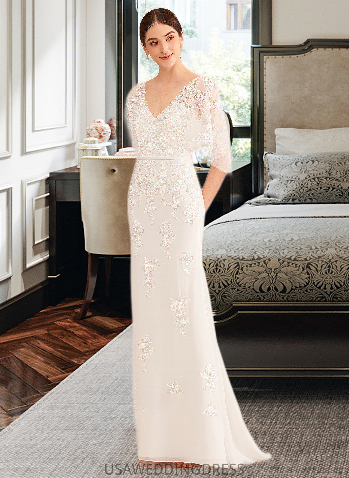 Vivian Trumpet/Mermaid V-neck Court Train Wedding Dress With Sash DSP0013744