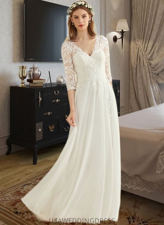 Mya A-Line V-neck Floor-Length Chiffon Lace Wedding Dress DSP0013745