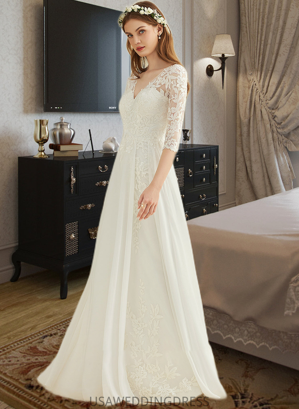 Mya A-Line V-neck Floor-Length Chiffon Lace Wedding Dress DSP0013745