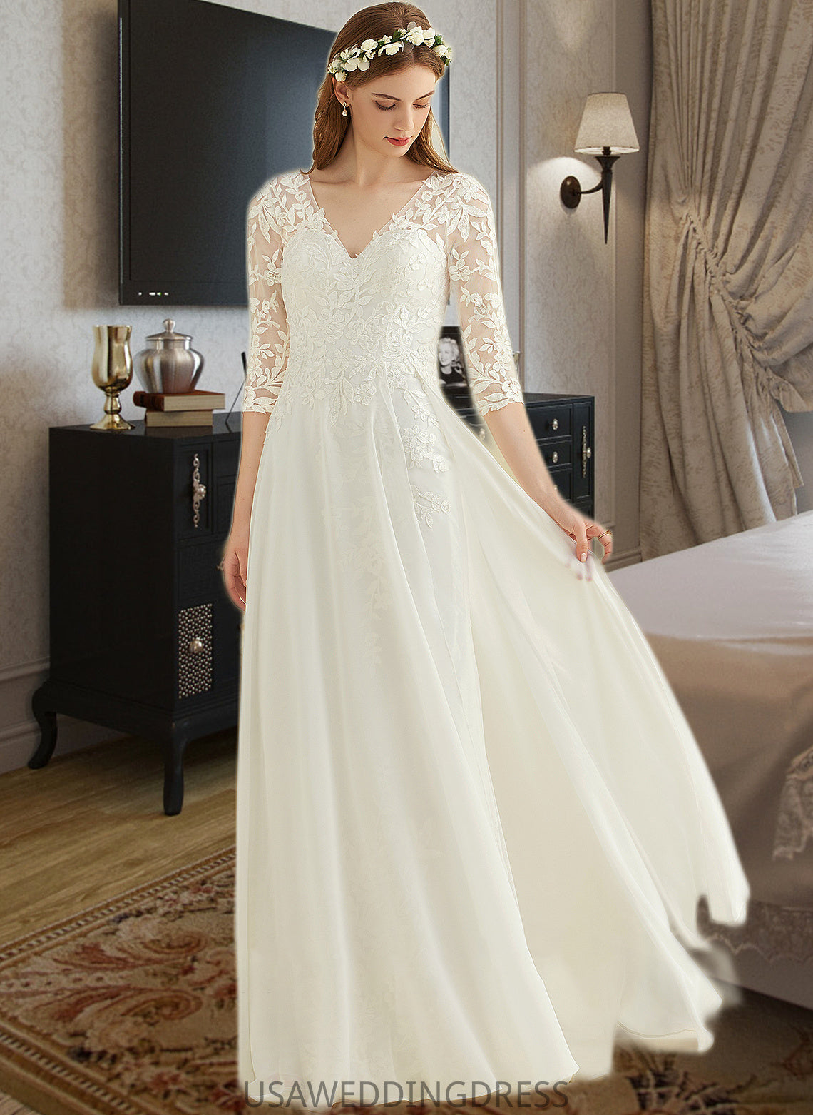 Mya A-Line V-neck Floor-Length Chiffon Lace Wedding Dress DSP0013745