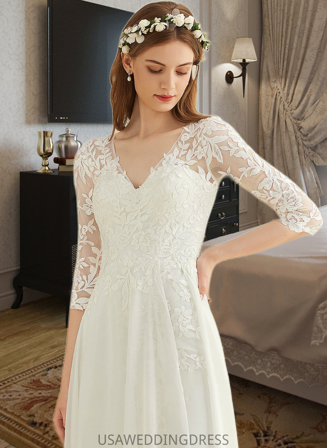 Mya A-Line V-neck Floor-Length Chiffon Lace Wedding Dress DSP0013745