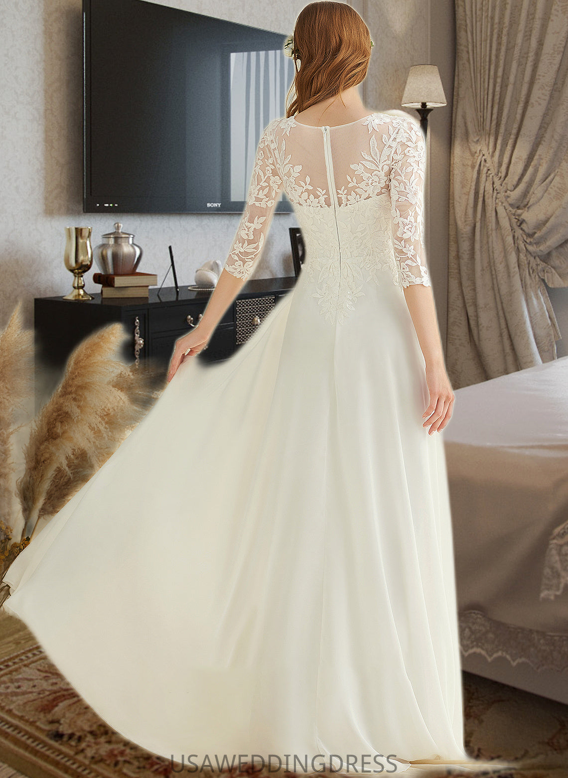 Mya A-Line V-neck Floor-Length Chiffon Lace Wedding Dress DSP0013745