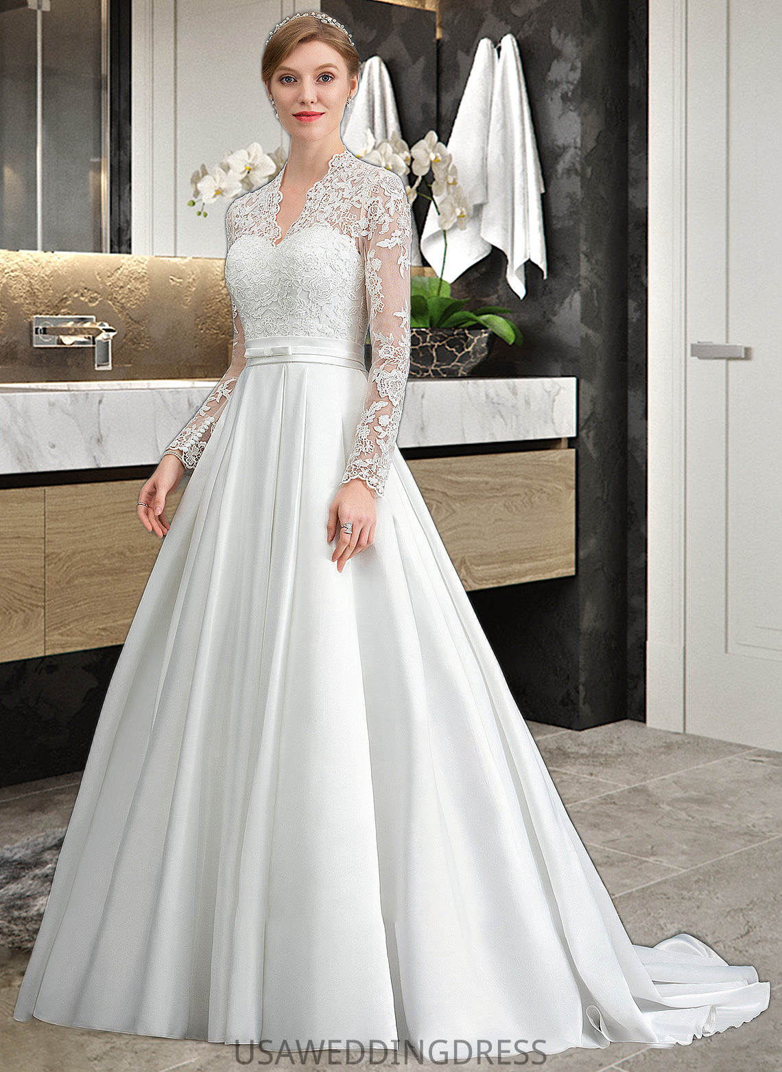 Kaylin Ball-Gown/Princess V-neck Court Train Satin Wedding Dress With Bow(s) DSP0013746