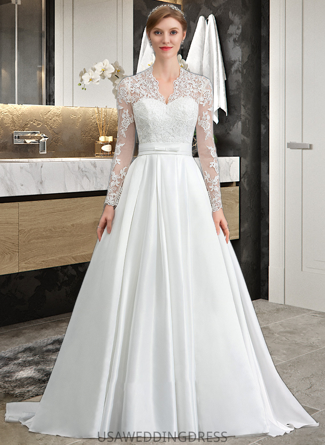 Kaylin Ball-Gown/Princess V-neck Court Train Satin Wedding Dress With Bow(s) DSP0013746