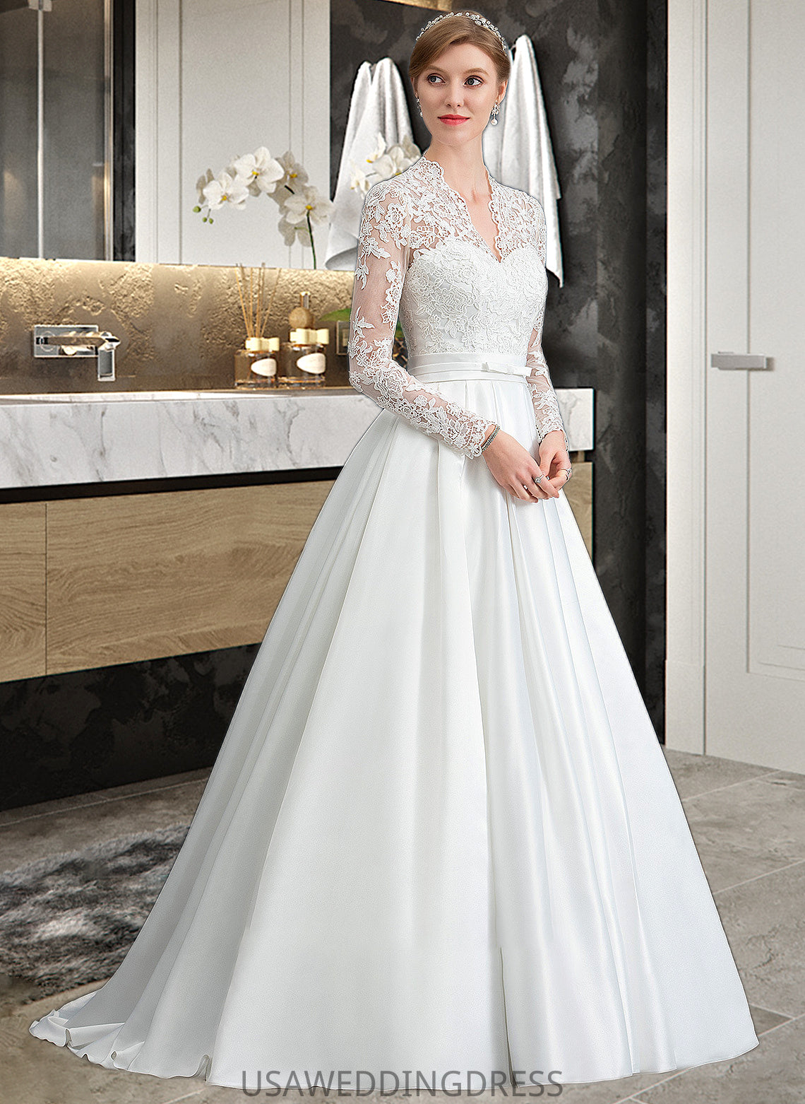 Kaylin Ball-Gown/Princess V-neck Court Train Satin Wedding Dress With Bow(s) DSP0013746