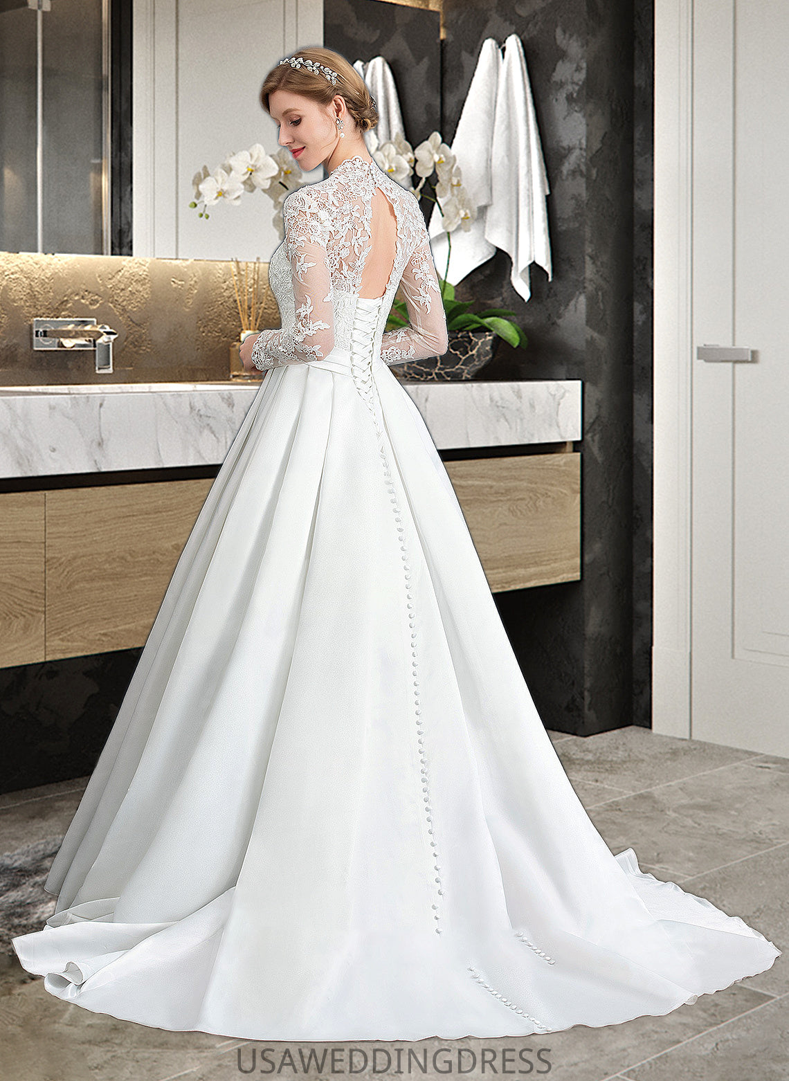 Kaylin Ball-Gown/Princess V-neck Court Train Satin Wedding Dress With Bow(s) DSP0013746