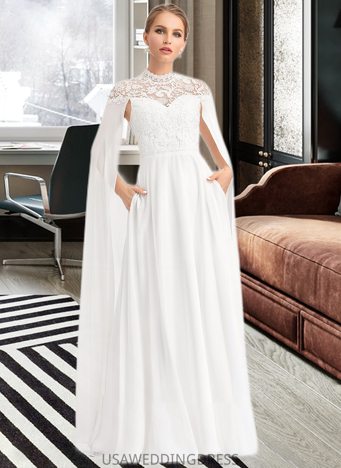 Camryn A-Line High Neck Floor-Length Chiffon Wedding Dress DSP0013748