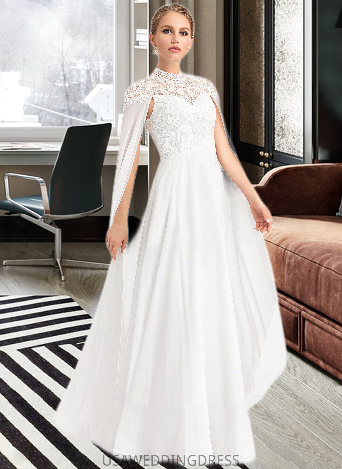 Camryn A-Line High Neck Floor-Length Chiffon Wedding Dress DSP0013748