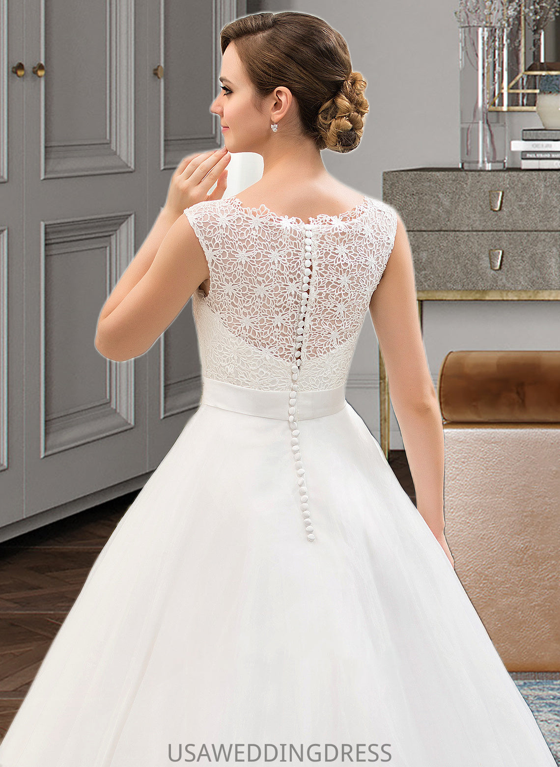 Michaelia Ball-Gown/Princess Scoop Neck Sweep Train Organza Lace Wedding Dress With Beading Sequins DSP0013751