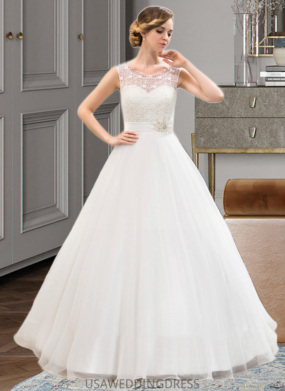 Michaelia Ball-Gown/Princess Scoop Neck Sweep Train Organza Lace Wedding Dress With Beading Sequins DSP0013751