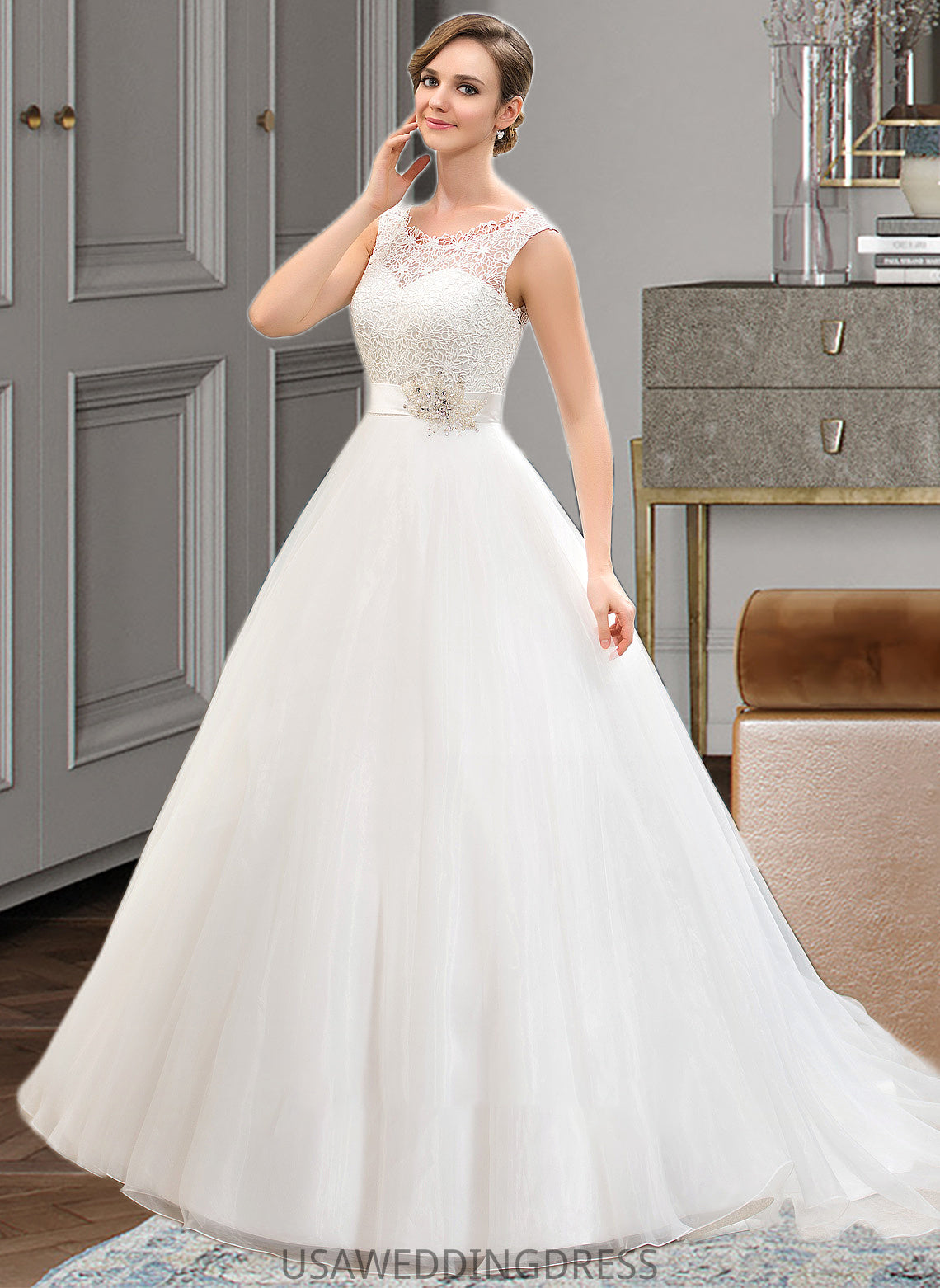 Michaelia Ball-Gown/Princess Scoop Neck Sweep Train Organza Lace Wedding Dress With Beading Sequins DSP0013751