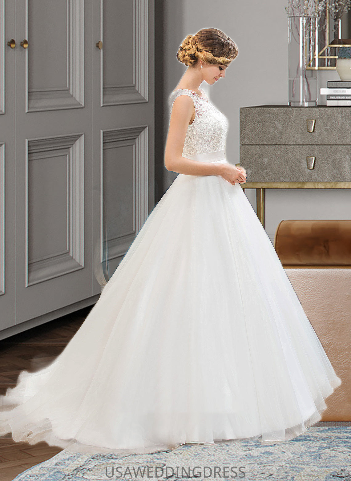 Michaelia Ball-Gown/Princess Scoop Neck Sweep Train Organza Lace Wedding Dress With Beading Sequins DSP0013751