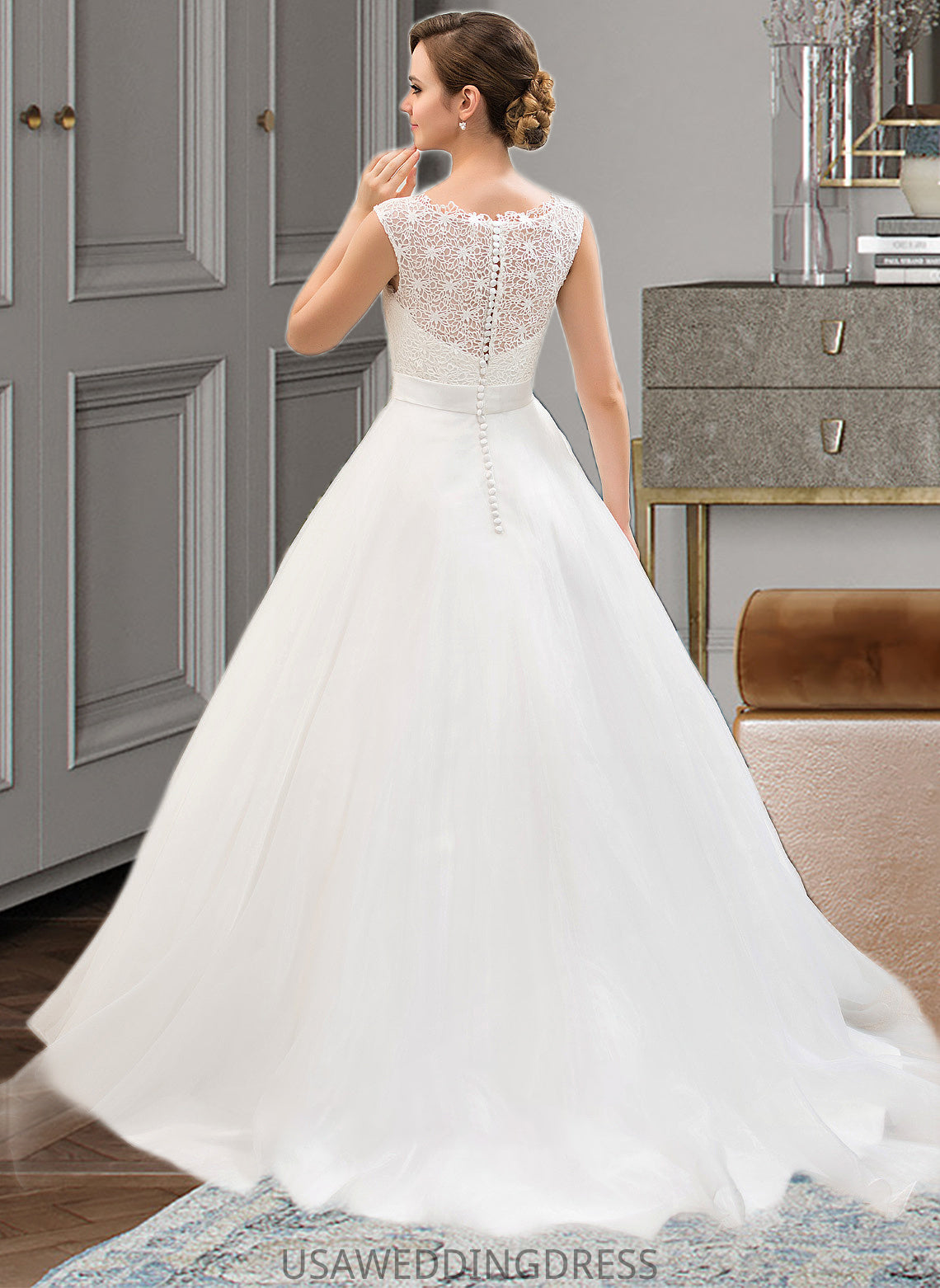 Michaelia Ball-Gown/Princess Scoop Neck Sweep Train Organza Lace Wedding Dress With Beading Sequins DSP0013751