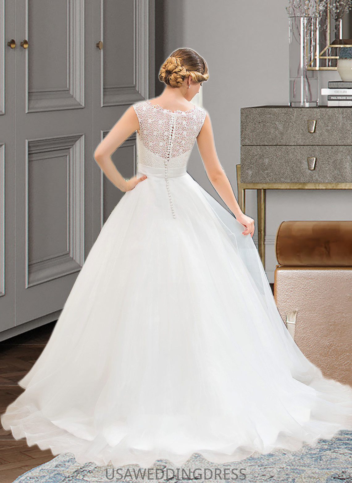 Michaelia Ball-Gown/Princess Scoop Neck Sweep Train Organza Lace Wedding Dress With Beading Sequins DSP0013751