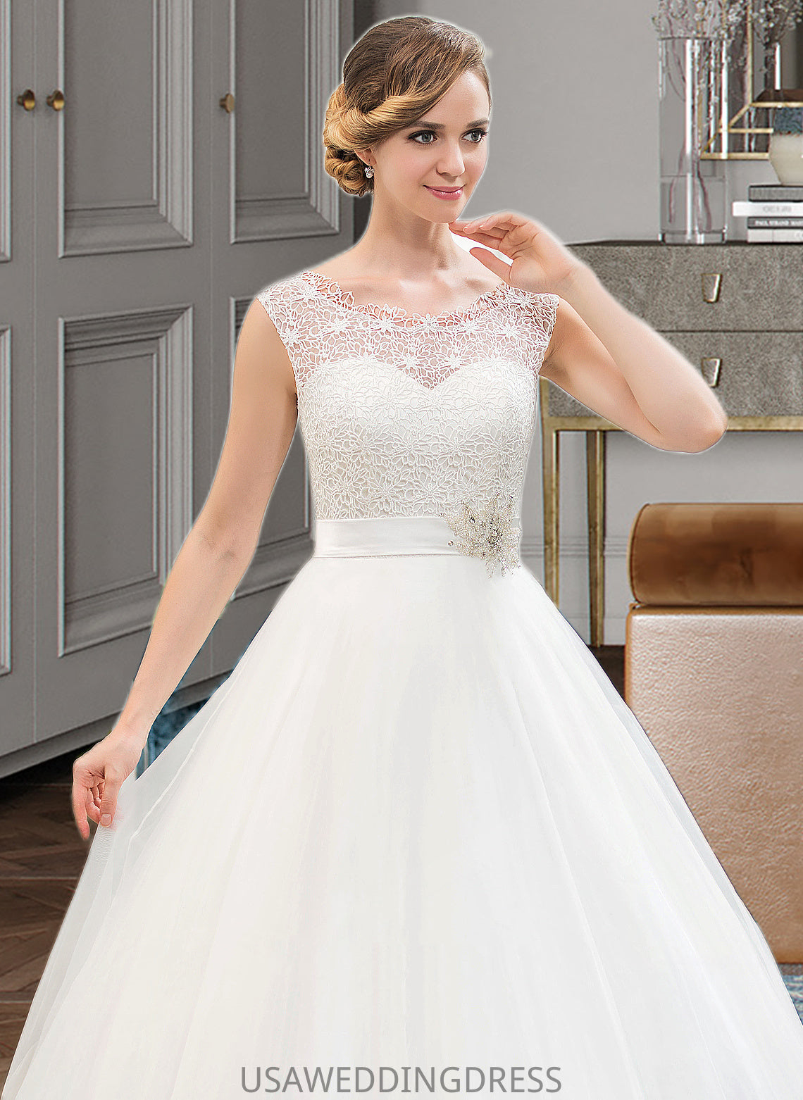 Michaelia Ball-Gown/Princess Scoop Neck Sweep Train Organza Lace Wedding Dress With Beading Sequins DSP0013751