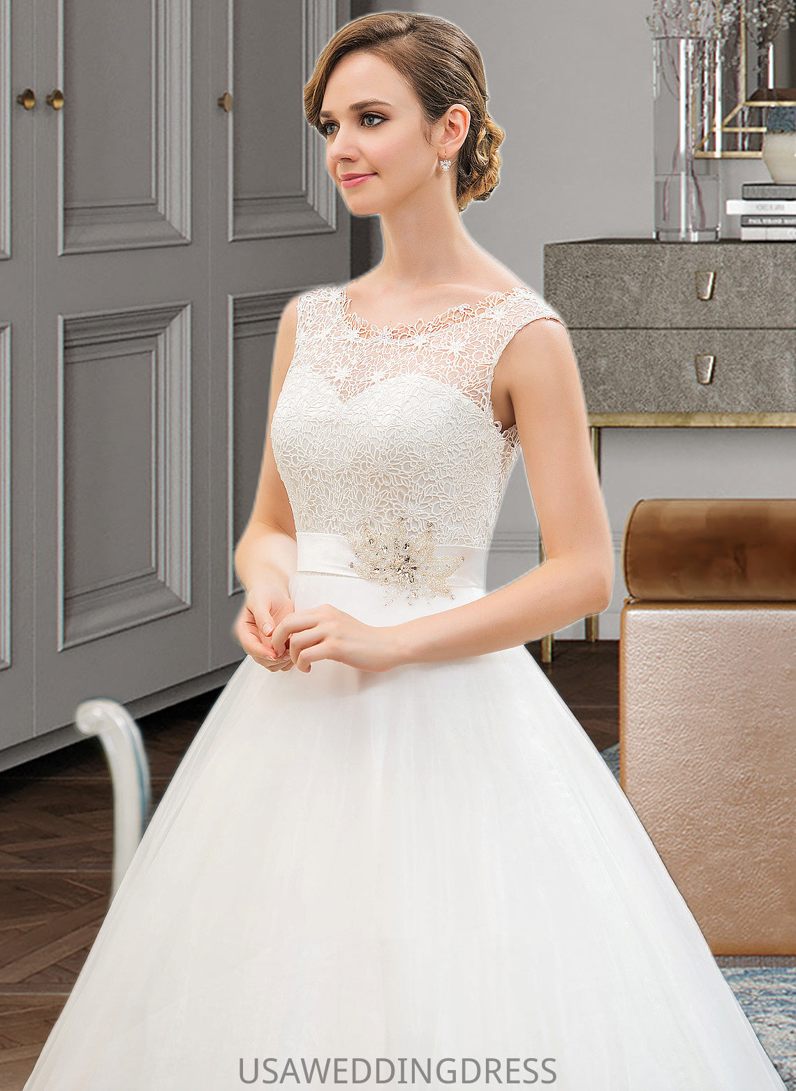 Michaelia Ball-Gown/Princess Scoop Neck Sweep Train Organza Lace Wedding Dress With Beading Sequins DSP0013751