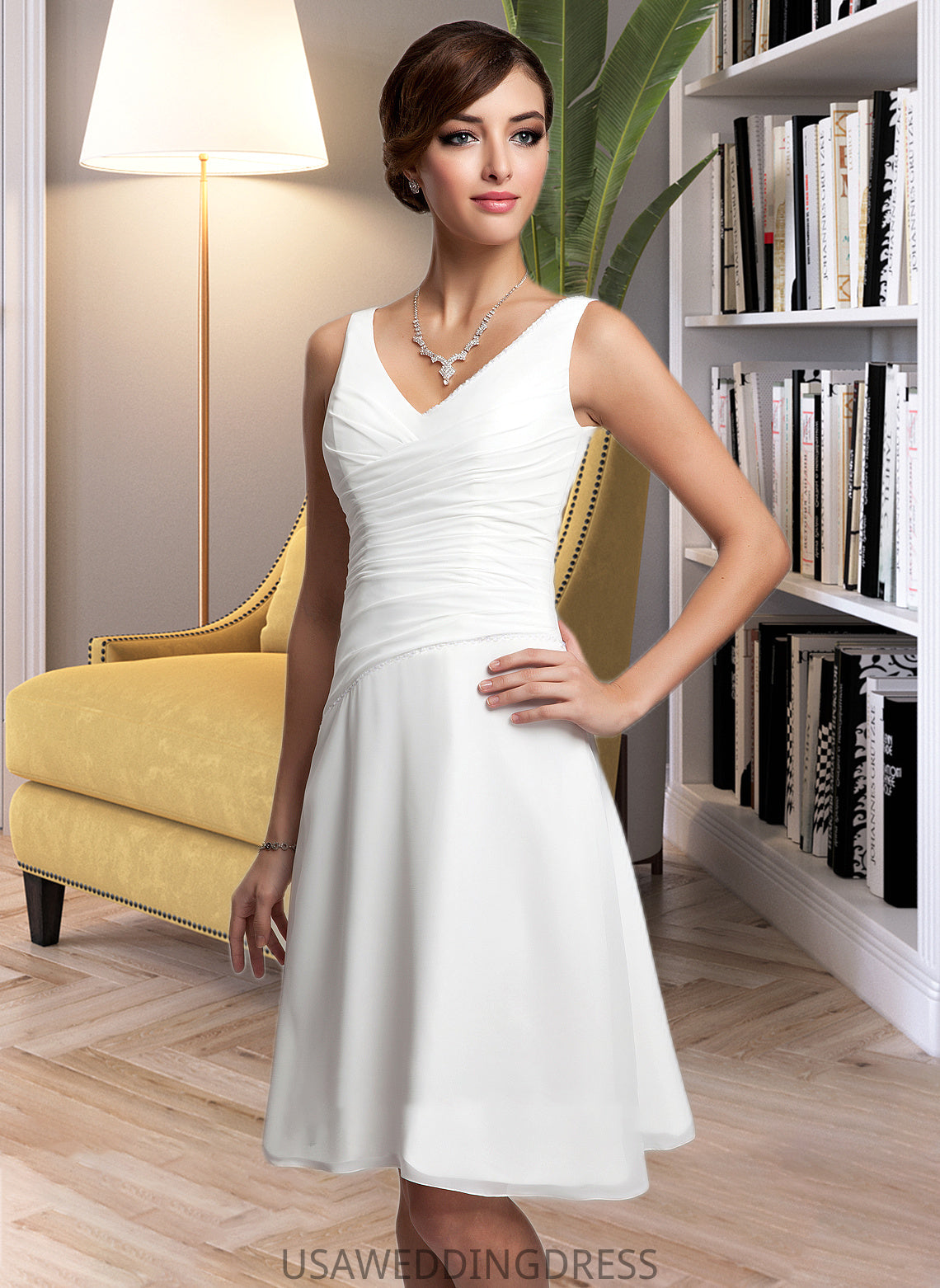 Marlee A-Line V-neck Knee-Length Chiffon Wedding Dress With Ruffle Beading Sequins DSP0013752