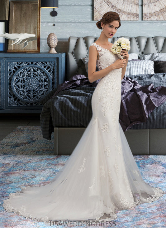 Cristal Trumpet/Mermaid V-neck Court Train Tulle Wedding Dress DSP0013758