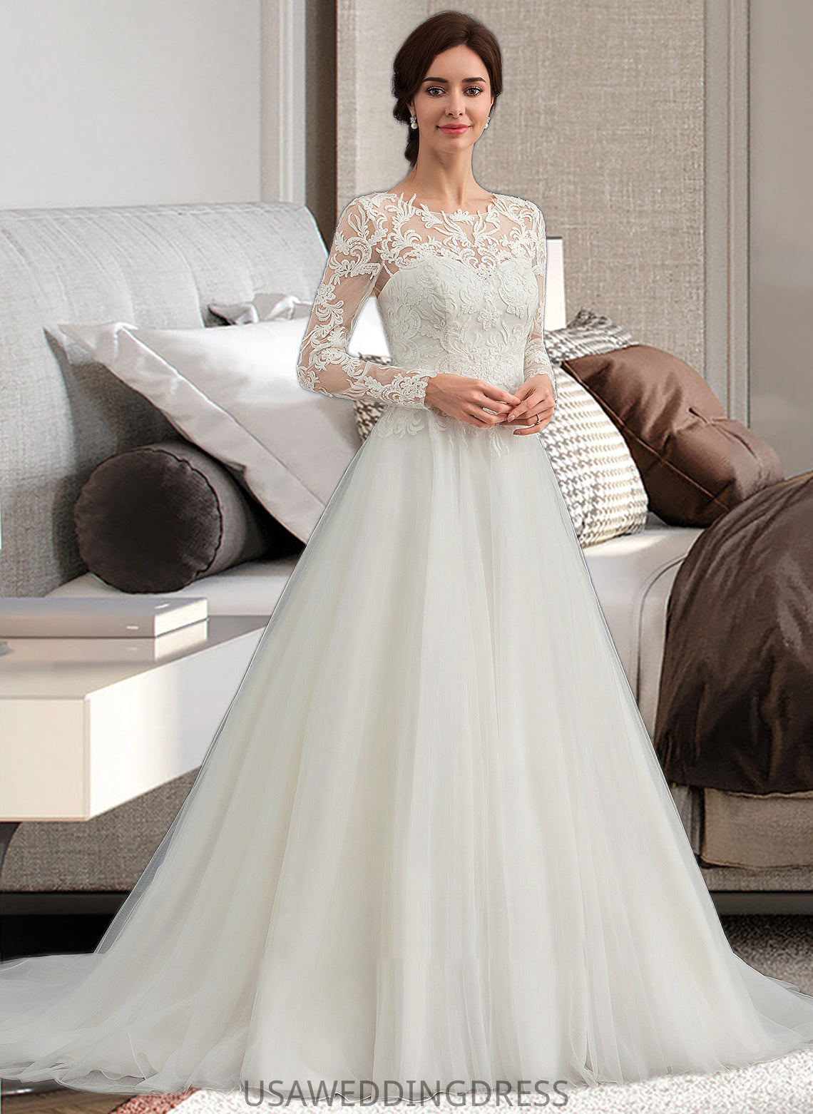 Mina Ball-Gown/Princess Scoop Neck Sweep Train Tulle Wedding Dress DSP0013759