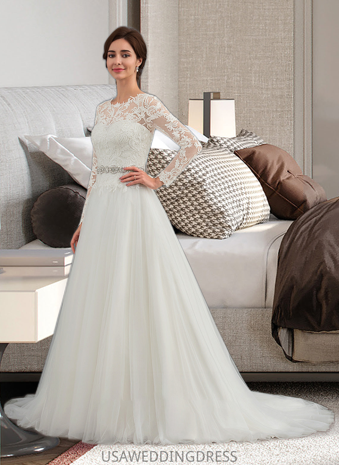 Mina Ball-Gown/Princess Scoop Neck Sweep Train Tulle Wedding Dress DSP0013759