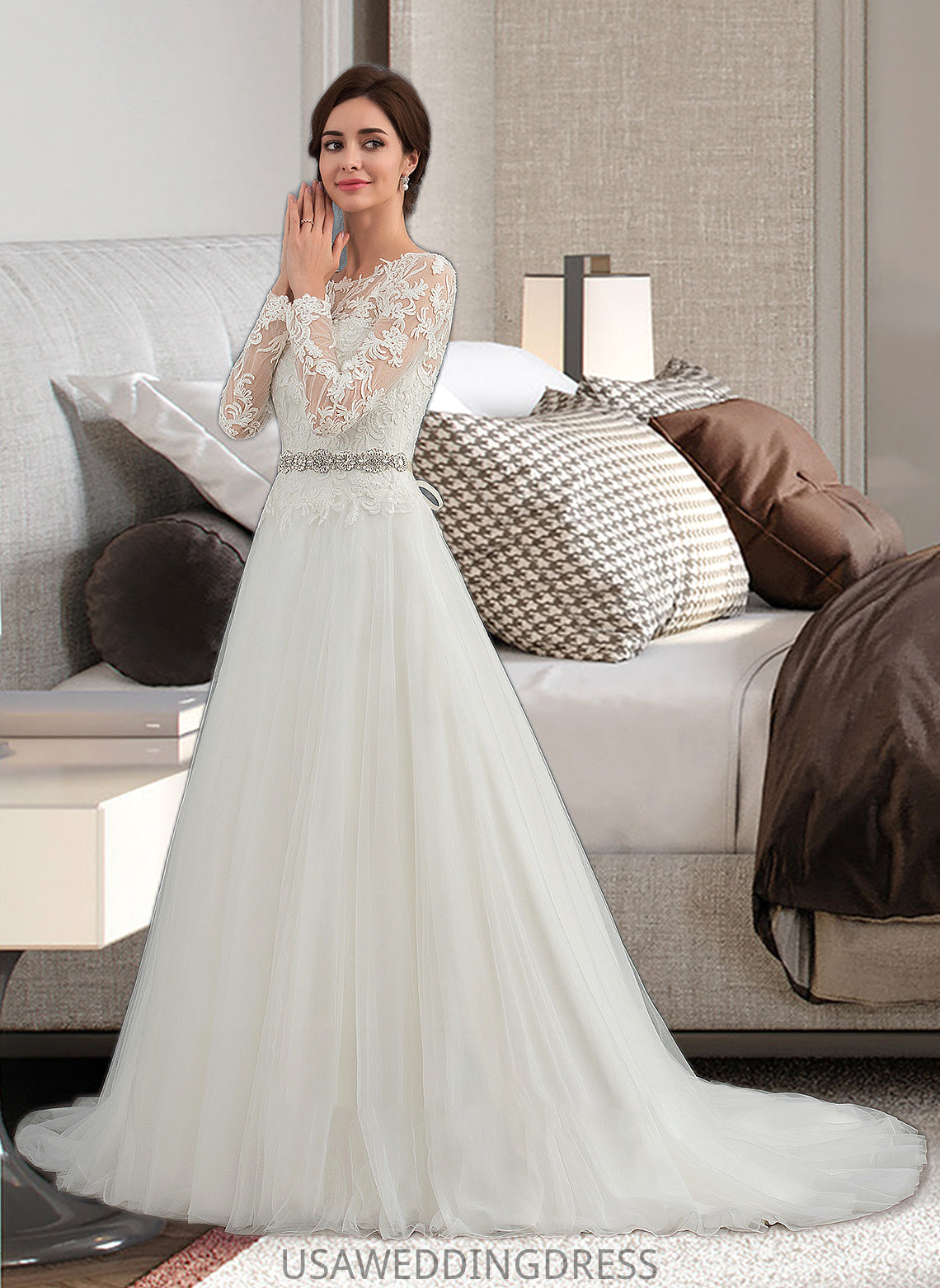 Mina Ball-Gown/Princess Scoop Neck Sweep Train Tulle Wedding Dress DSP0013759